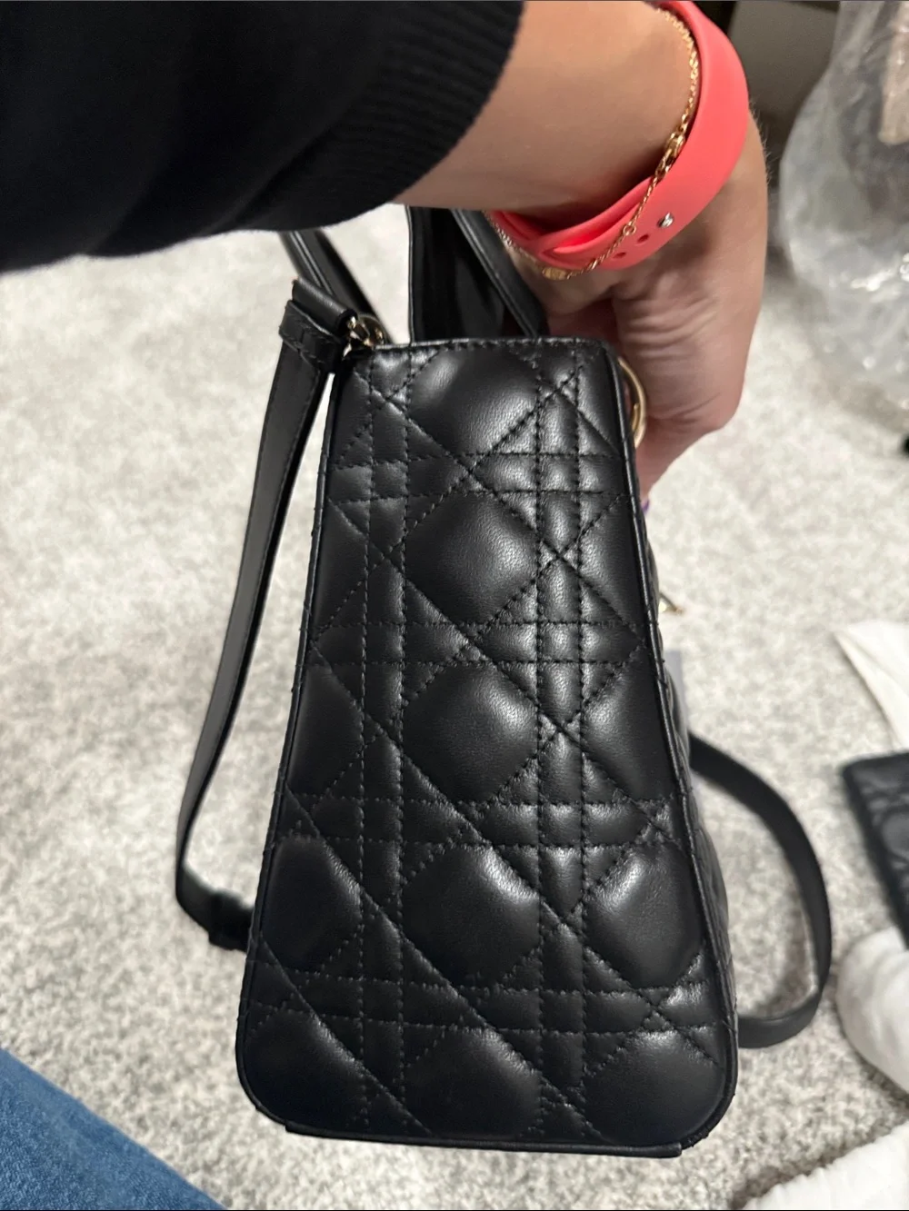 Dior Black Quilted Leather Top-Handle Bag with Gold Hardware and matching wallet